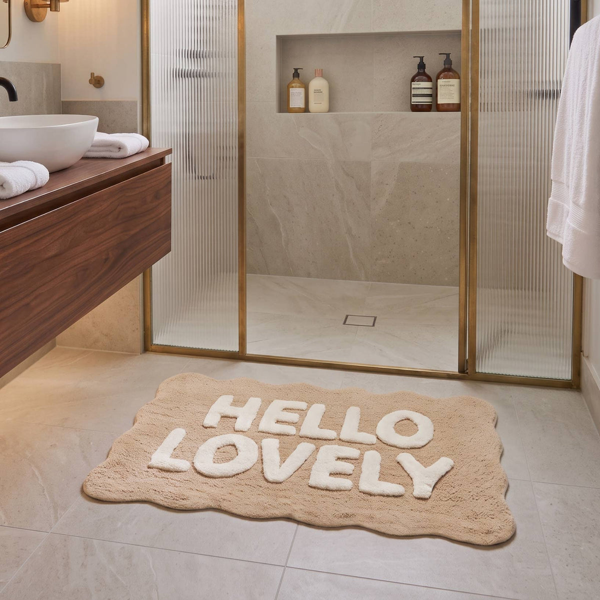 Tapis de bain Hello Lovely Beige/Blanc